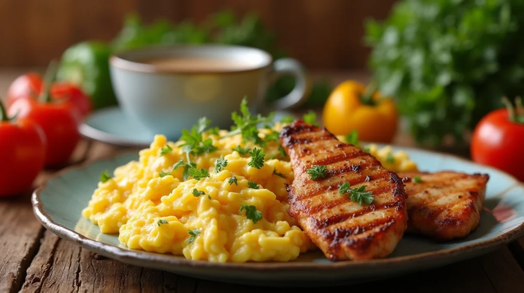 Healthy chicken and egg breakfast on a rustic table with fresh ingredients