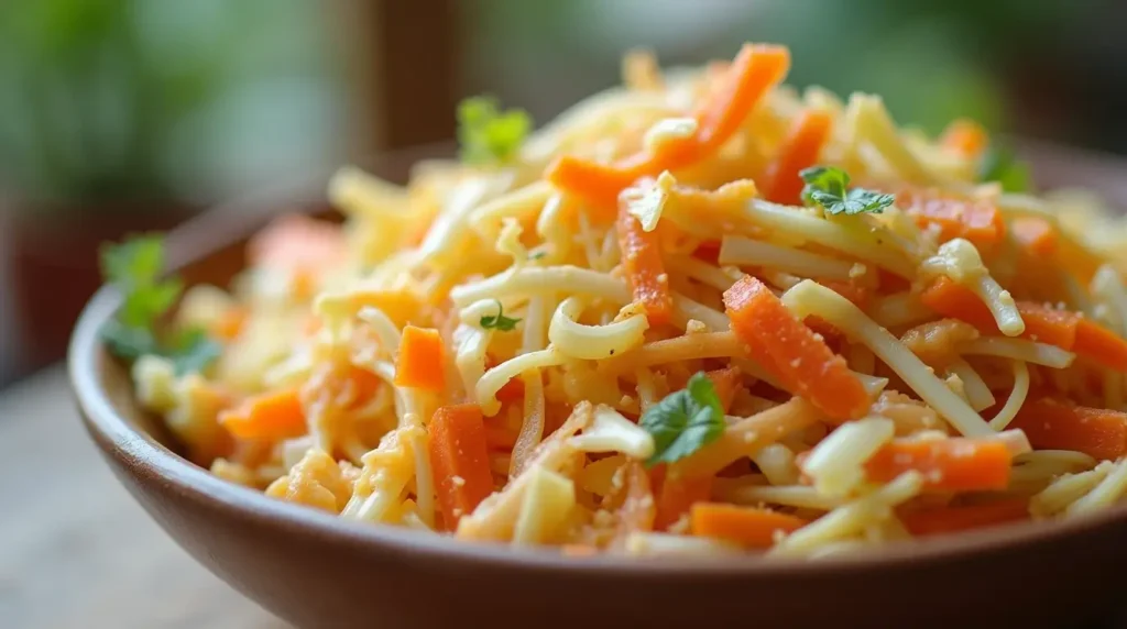 A vibrant bowl of tangy and creamy sweet slaw with colorful cabbage, carrots, and dressing,