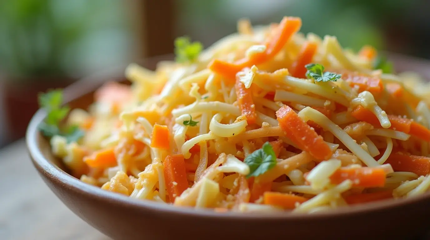 A vibrant bowl of tangy and creamy sweet slaw with colorful cabbage, carrots, and dressing,
