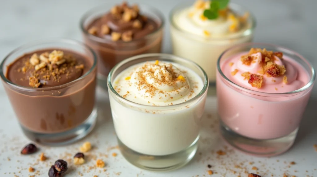 Assorted flavored cottage cheese mousse cups with toppings like chocolate